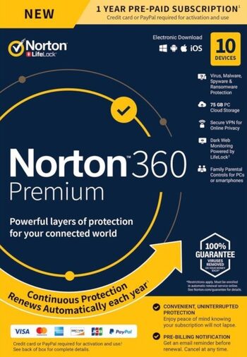 Κλειδί Norton 360 Premium EU (2 χρόνια / 10 συσκευές) + 75 GB Cloud Storage